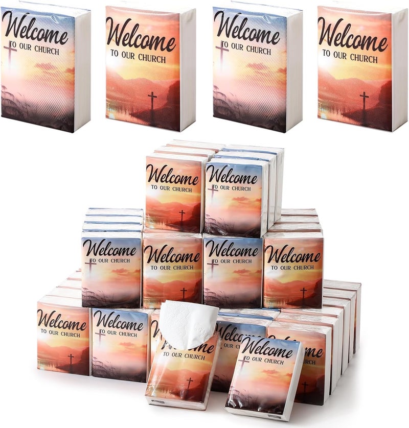 Glenmal 100 Pack Christian Tissues Welcome to Our Church Facial Tissues Individual Packs Mini Pocket Paper Towels Travel Size Bulk for Wedding Travelling Homeless, 3 Ply 8 Sheets Per Pack - Image 1